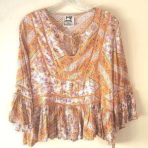 Boho Peasant Colorful Resort wear Top Marigold Floral Print SZ S
